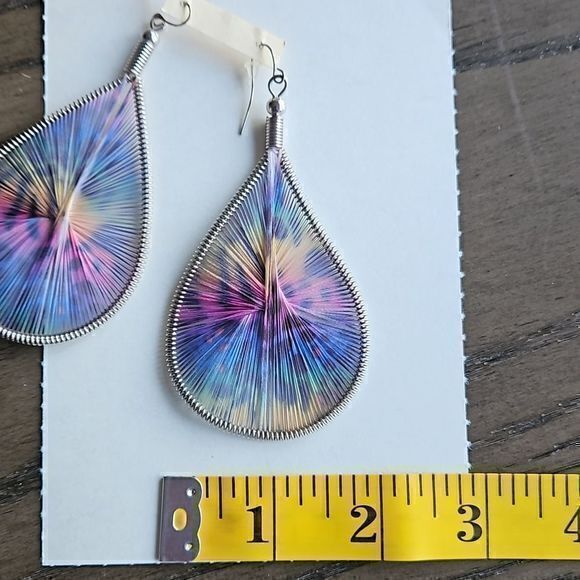 Large Teardrop Dangling Multicolor String Wrapped Earrings - Picture 14 of 14